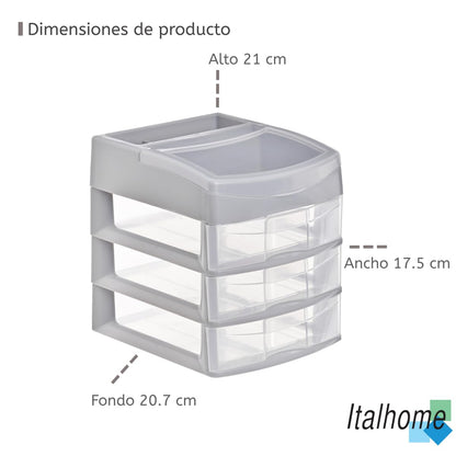 Italhome Cajonera De Plástico, Mini Organizador Multiusos De Color Gris Con 3 Cajones Transparentes Sesia