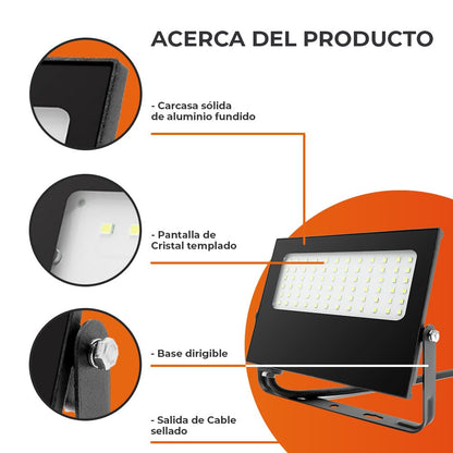 Tecnolite - Reflector LED Exterior 50 W, Luz Cálida Brillante, IP66 - IK05 Resistente a Polvo, Agua y Golpes, Jardines e Idustria, LED Flood Light