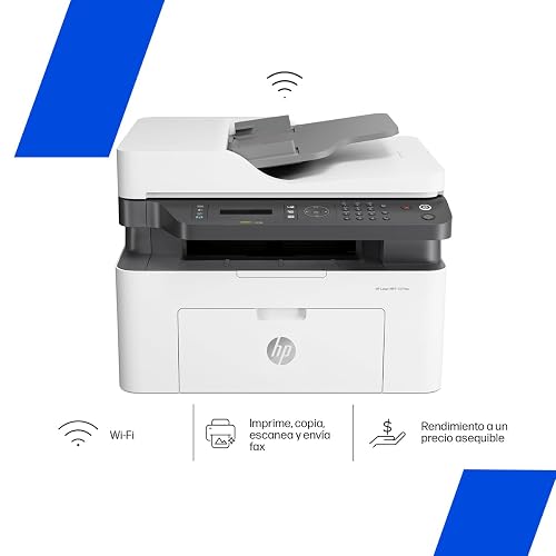 HP Impresora Multifuncional Láser MFP 137fnw, Impresión en Negro, Dúplex, (Doble Cara) Manual, WiFi, USB, Ethernet, Smart App, Imprime, Copia y Escaneado, Fax (4ZB84A)