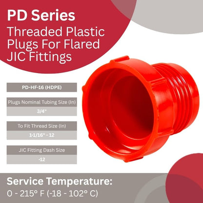 Caplugs Tapón de rosca de plástico para accesorios JIC acampanados. PD-HF-16, HDPE, para enchufe rosca tamaño 1-1/16-12", rojo, Rojo, To plug thread size 1-1/16-12"