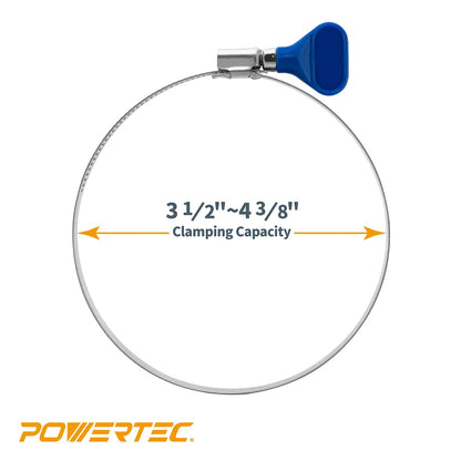 POWERTEC 70260 Abrazadera de manguera para llave de 4 pulgadas, llave de tornillo de pulgar ajustable de acero inoxidable para colectores de polvo y ventilación de secadora, paquete de 10