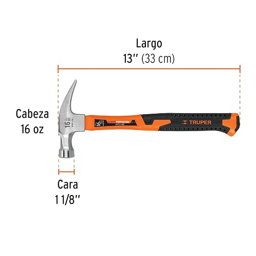 Truper MAR-16F, Martillo de uña recta, 16 oz, mango fibra de vidrio