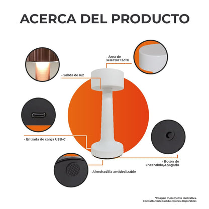 Tecnolite - Lámpara de Mesa LED 3 W Portátil, Recargable, Luz Blanca Ajustable y Atenuable Táctil, Lámpara Interior para Restaurante