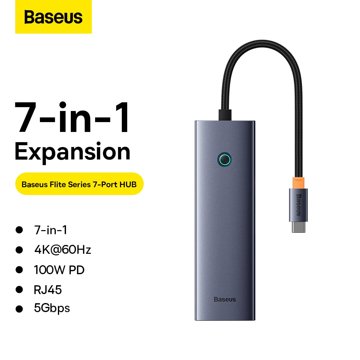Baseus USB-C Hub 7-En-1 USB C Estación de Acoplamiento con 7 Puertos, Adaptador a HDMI 4K, PD de 100 W, 2 USB, Rj45, SD/TF, Gris