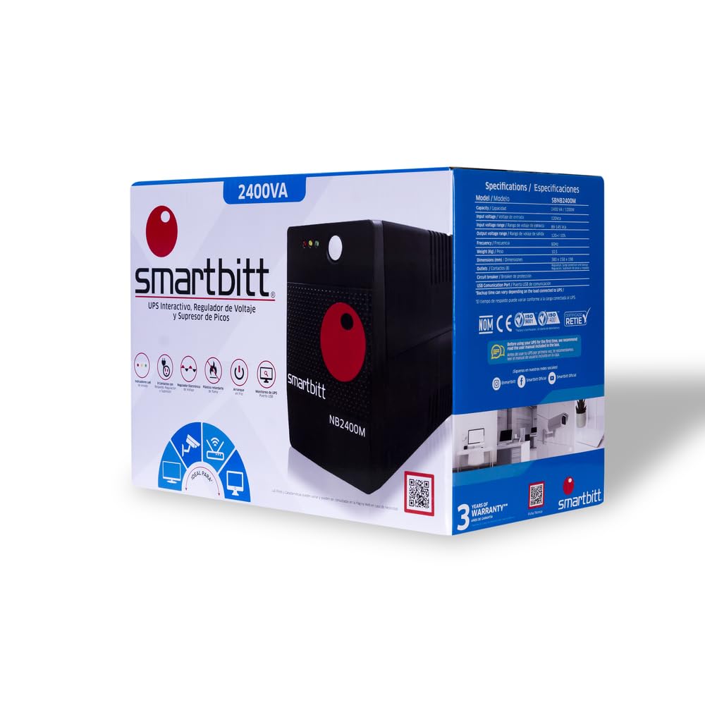 Smartbitt No Break Interactivo de 2400 VA / 1200 W con 8 Contactos, Negro, SBNB2400M