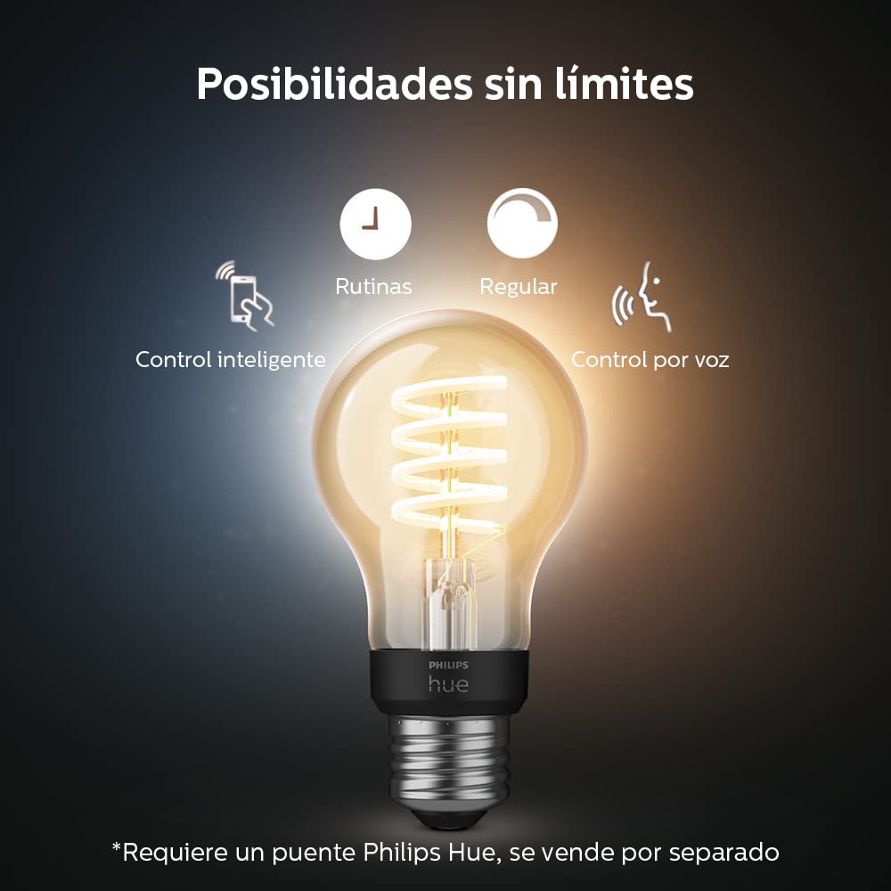 Focos Philips Hue Luz Multicolor 4 Focos A19 + Hue Bridge - Compatible con Alexa + Foco Filamento regulable tipo A19 decorativo Wifi - Compatible con Alexa