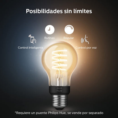 Focos Philips Hue Luz Multicolor 4 Focos A19 + Hue Bridge - Compatible con Alexa + Foco Filamento regulable tipo A19 decorativo Wifi - Compatible con Alexa