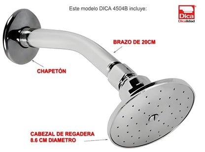 DICA, Regadera con Brazo y Chapetón, Acabado Cromo, Acero, Nudo Movil Giratorio, 1 Año de Garantia, 4504B