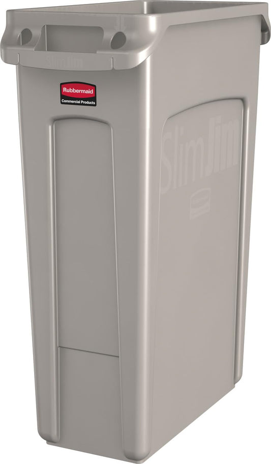 Rubbermaid Commercial Products Slim Jim - Papelera rectangular de plástico con canales de ventilación, 23 galones, color beige, para cocinas, aulas, oficinas, parte trasera de la casa