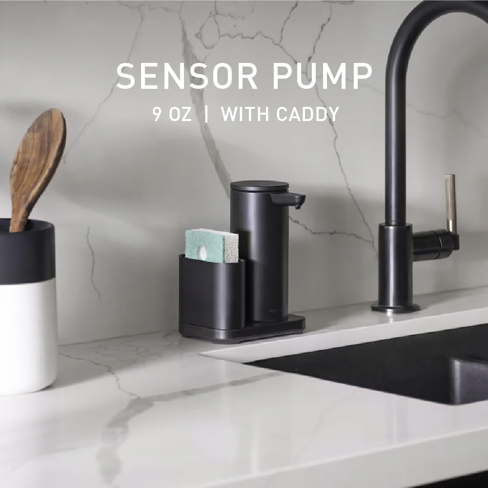 simplehuman Bomba de Sensor de líquido, 9 onzas con Caddy, dispensador automático de jabón para Cocina y baño, Sensor de Movimiento sin Contacto, dispensador Variable, Recargable, Acero Inoxidable