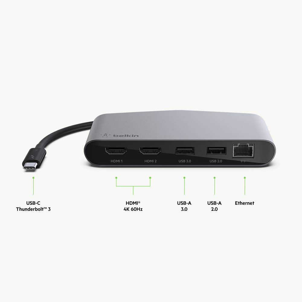 Belkin F4U098BT Minibase Dock HD Thunderbolt 3, Portátil, HD, Plateado