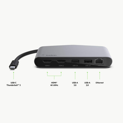Belkin F4U098BT Minibase Dock HD Thunderbolt 3, Portátil, HD, Plateado