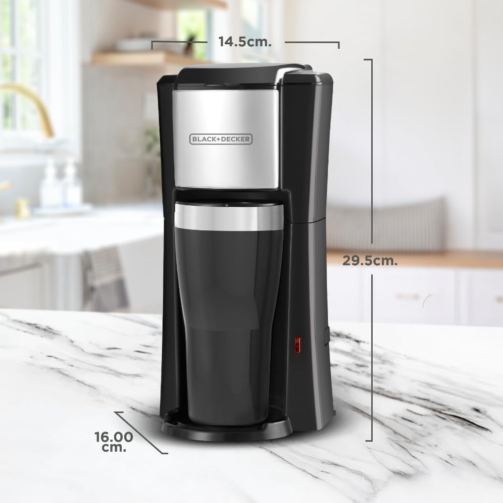 Black+Decker Cafetera Individual con Termo Incluido 16 oz, Filtro Permanente y Apagado Automático CM618