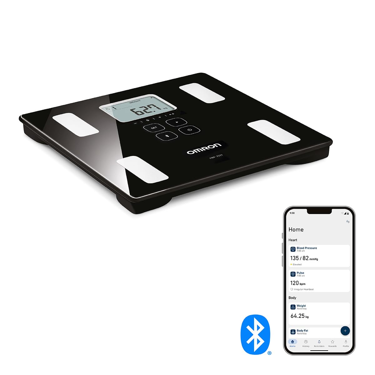 OMRON Báscula digital Corporal HBF-222T con 6 indicadores y Bluetooth, para 4 perfiles de usuario y memoria ilimitada. Compatible con OMRON Connect