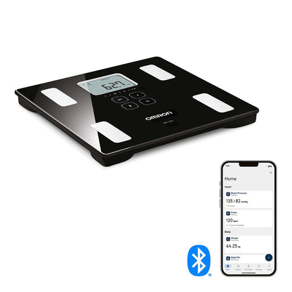 OMRON Báscula digital Corporal HBF-222T con 6 indicadores y Bluetooth, para 4 perfiles de usuario y memoria ilimitada. Compatible con OMRON Connect