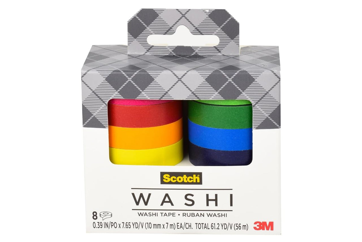 Scotch Washi - Cinta de color liso, diseño de arco iris, 8 rollos, ideal para diario de balas, álbumes de recortes y decoración de bricolaje (C1017-8-SOL1)