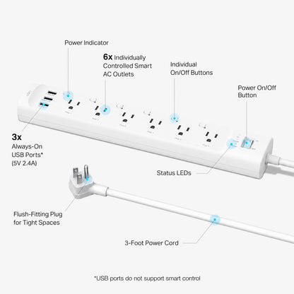 Tapo P316M - Tira de alimentación inteligente Wi-Fi, 6 tomas inteligentes controladas individualmente y 3 puertos USB con protección contra sobretensiones, materia, funciona con Alexa, Google Home