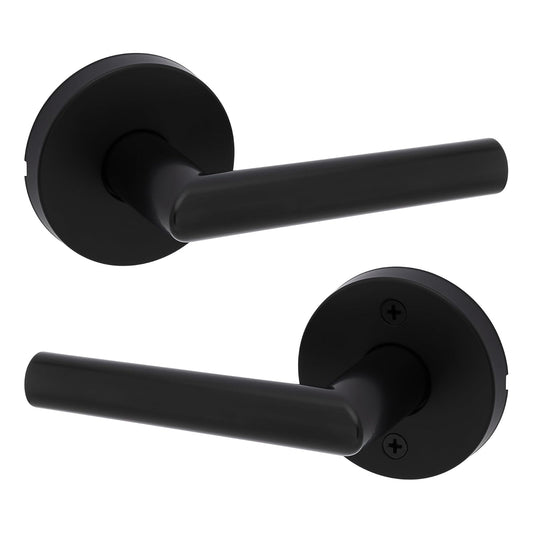 Kwikset Milan - Manija de puerta de paso interior, palanca para puertas de clóset y pasillo, palanca reversible sin bloqueo, negro mate
