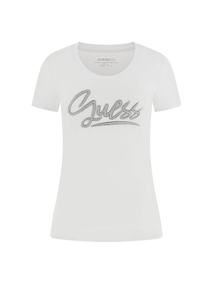 Guess - Playera ecológica de Manga Corta para Mujer, Blanco Puro, Small