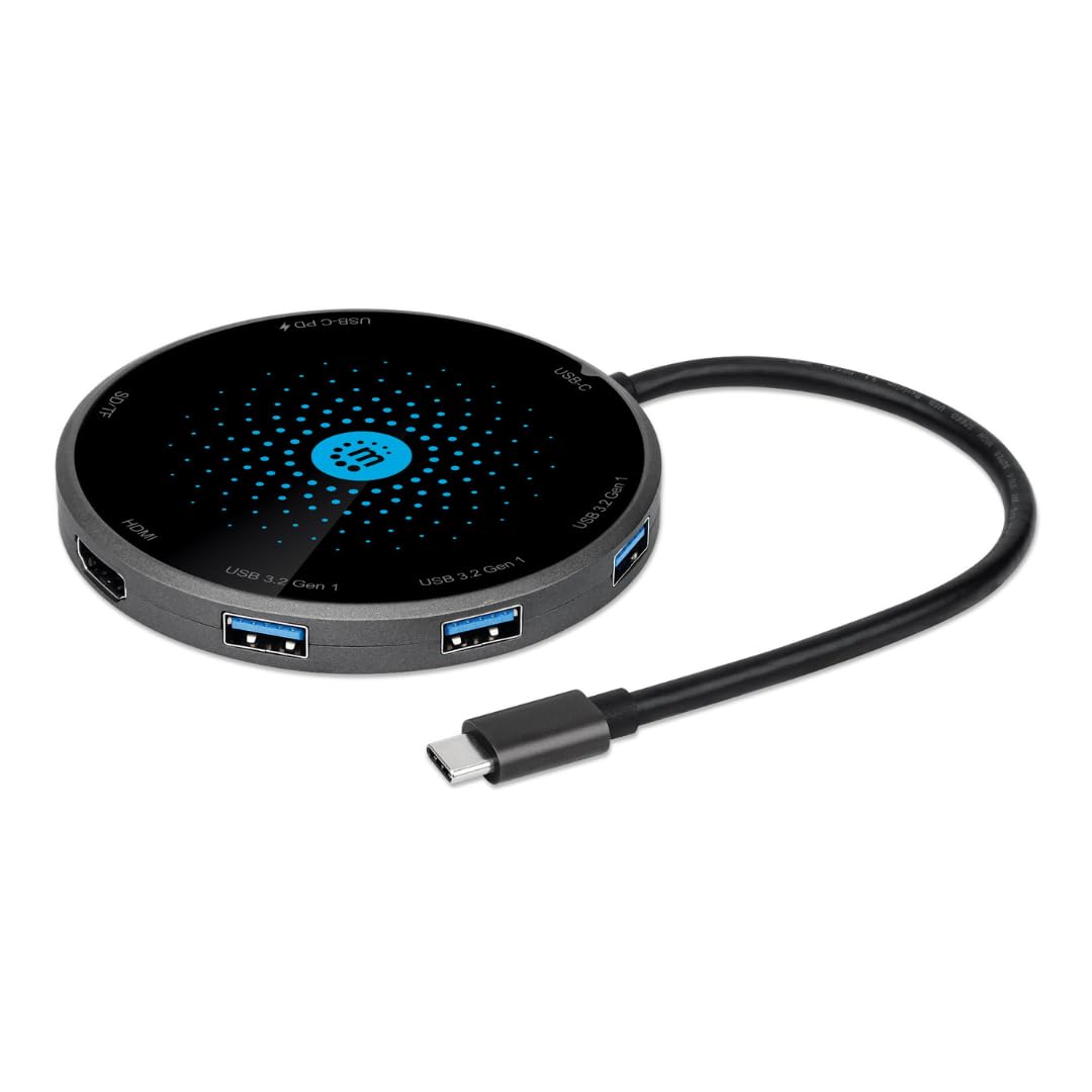 Manhattan 166560 Docking USB-C con Base de Carga inalámbrica, Cable con USB-C Macho a Base Docking con un Puerto HDMI, un Puerto USB-C Hembra PD, 3 Puertos USB-A, Lector de Tarjetas