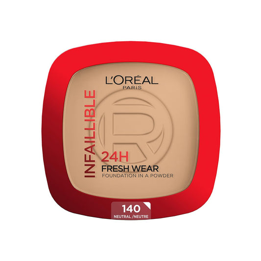 L'Oréal Paris Infallible 24h Freshwear Base de Maquillaje en Polvo de Larga Duración y Alta Cobertura, Tono 140 Golden Beige, 9g