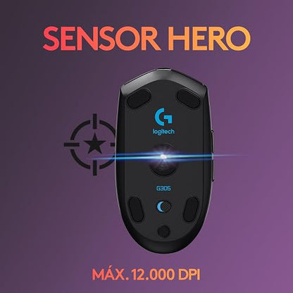 Logitech G305 Lightspeed Mouse Gamer Inalámbrico, Sensor Hero 12K, 12,000 dpi, Batería de 250h, 6 Botones Programables, Memoria Integrada, PC/Mac - Negro