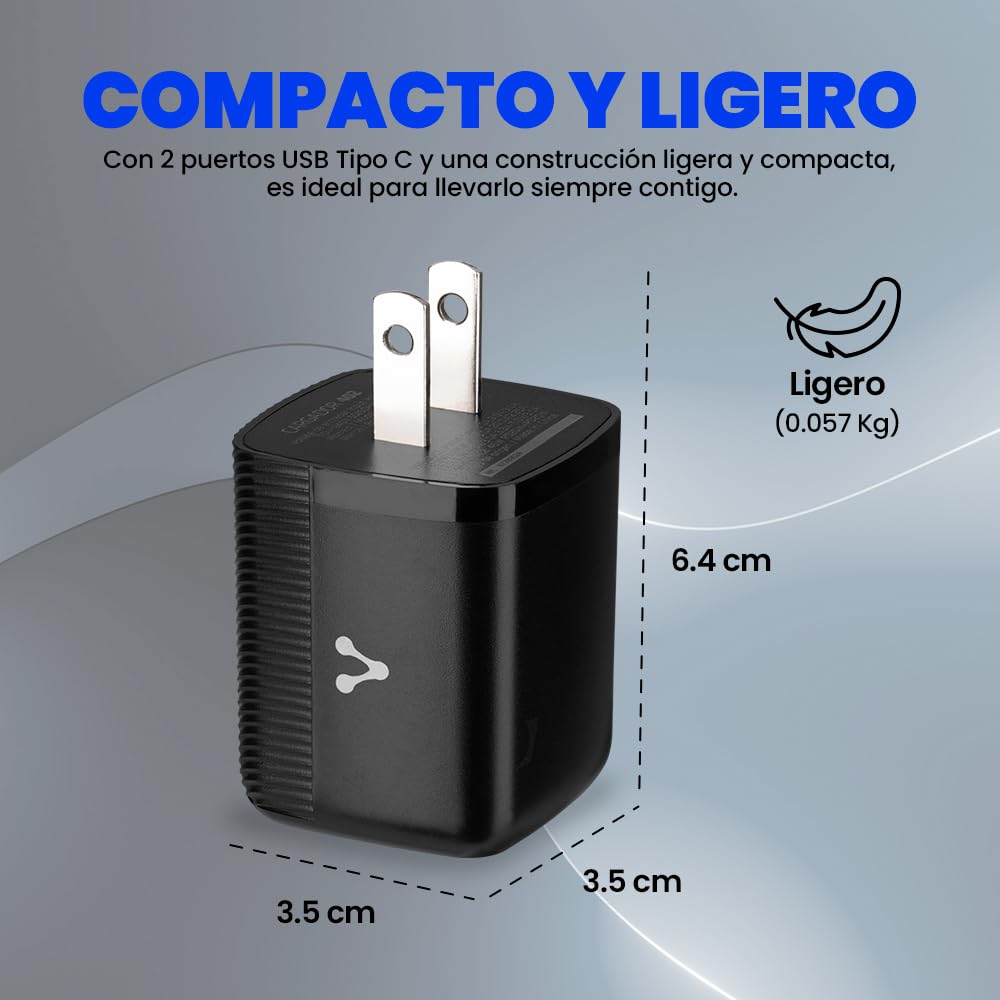 Vorago Cargador de Pared USB-C 45W GAN PD 2 Puertos Carga Rápida AU-402-BK Compacto
