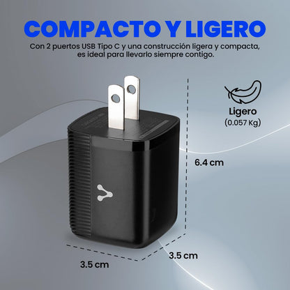 Vorago Cargador de Pared USB-C 45W GAN PD 2 Puertos Carga Rápida AU-402-BK Compacto