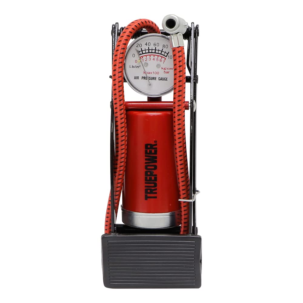 TruePower TPFT100M Bomba de Aire de Pie, Cilindro Metálico, Pistón Metálico, 100 psi, Incluye: Válvula y Manómetro, Rojo