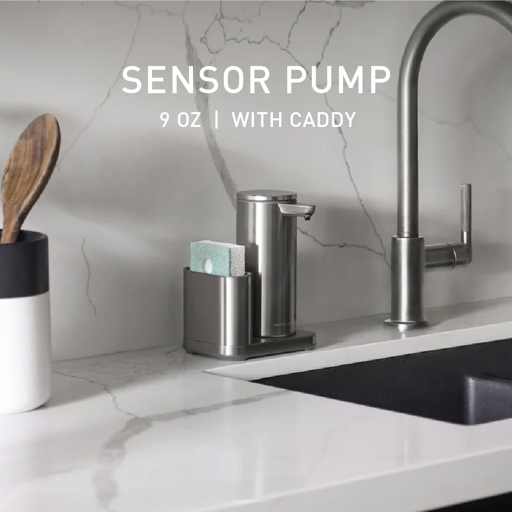 simplehuman Bomba de Sensor de líquido, 9 onzas con Cesta, dispensador automático de jabón para Cocina y baño, Sensor de Movimiento sin Contacto, dispensador Variable, Recargable, Acero Inoxidable