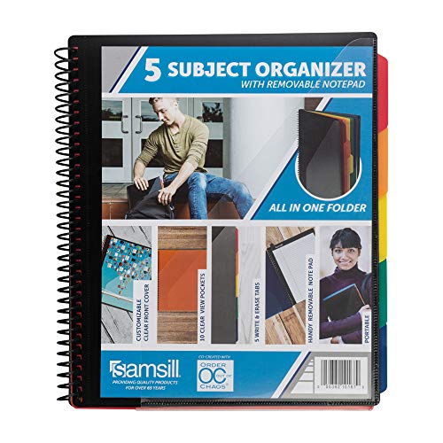 Samsill Organizador escolar de 5 temas en espiral con bloc de notas extraíble, carpeta todo en uno, 5 divisores con 10 bolsillos, carpeta de múltiples bolsillos y soporte para documentos