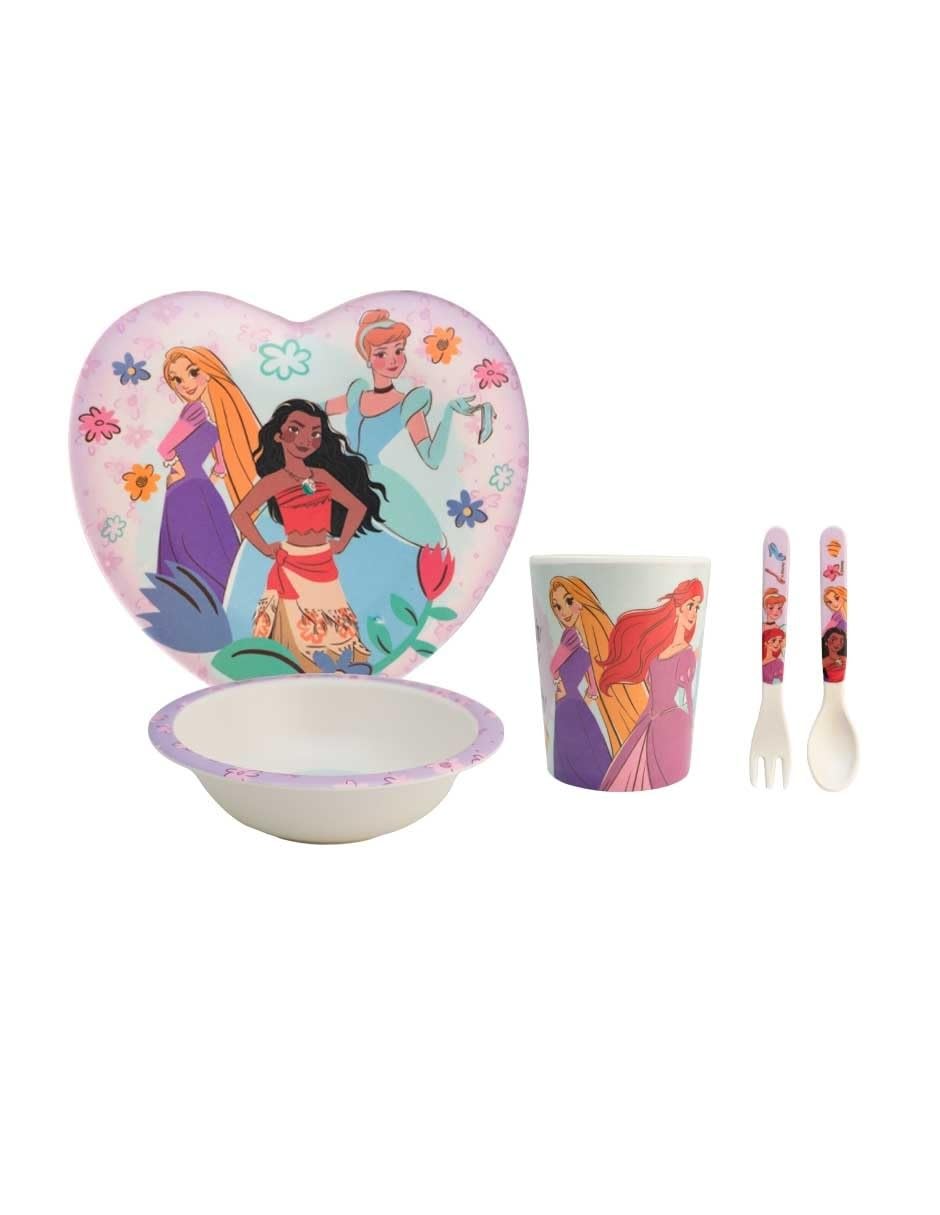 Vajilla individual infantil de bambú Princesas Disney, set de platos, vaso y cubiertos para niños, 5 pzas.