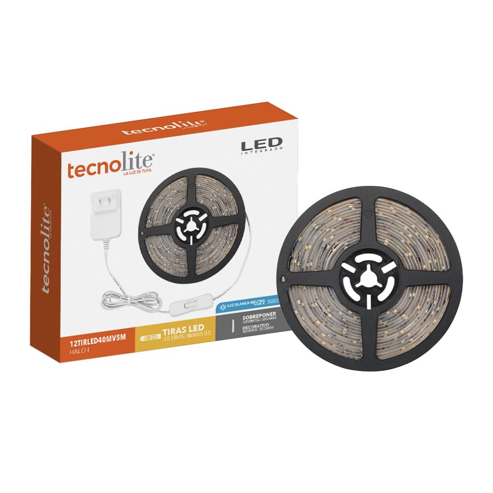 Tecnolite - Tira LED 5 Metros 12 W Luz Blanca Neutra, Interiores, Plug and Play, No atenuable, Recortable