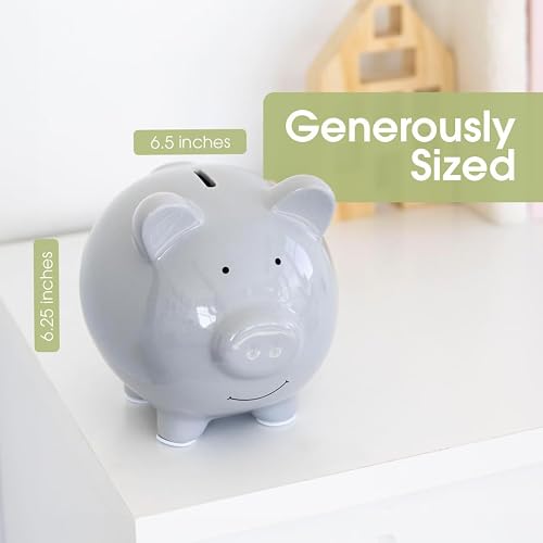 Pearhead - Alcancía grande de cerámica, ideal para niños y niñas, dinero y monedas para niños, decoración perfecta para guardería de bebé, gran regalo y recuerdo para recién nacidos, color gris sólido
