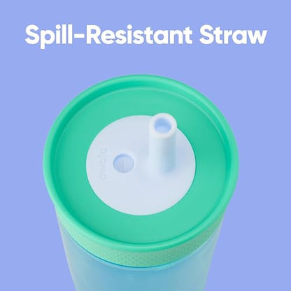 Owala - Vaso de plástico sin BPA para niños con popote flexible resistente a derrames, fácil de limpiar, botella de agua para niños, ideal para viajes, apto para lavaplatos, 15 onzas, verde azulado y