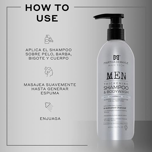 MARTHA DEBAYLE 3 en 1. Shampoo y gel de baño para cabello, barba y cuerpo. Con extractos de grano de café y carbón activado. Sin parabenos y ftalatos. 450 ml