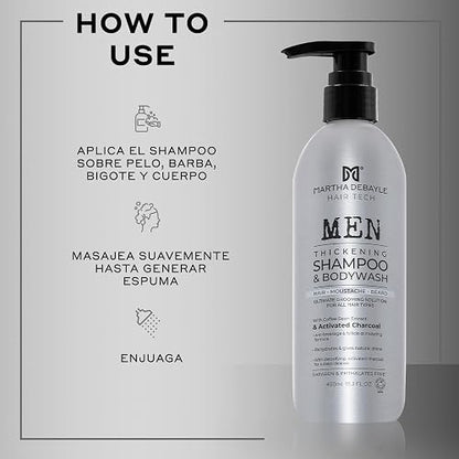 MARTHA DEBAYLE 3 en 1. Shampoo y gel de baño para cabello, barba y cuerpo. Con extractos de grano de café y carbón activado. Sin parabenos y ftalatos. 450 ml