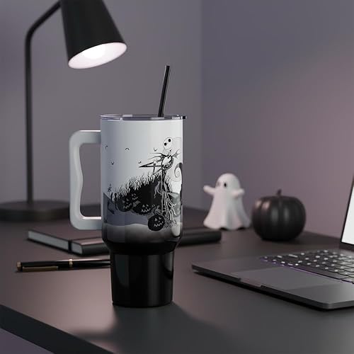 Silver Buffalo Disney Nightmare Before Christmas by Tim Burton Jack Skellington Hill and Moon Vaso de acero inoxidable con mango y popote, se adapta a portavasos estándar, 40 onzas