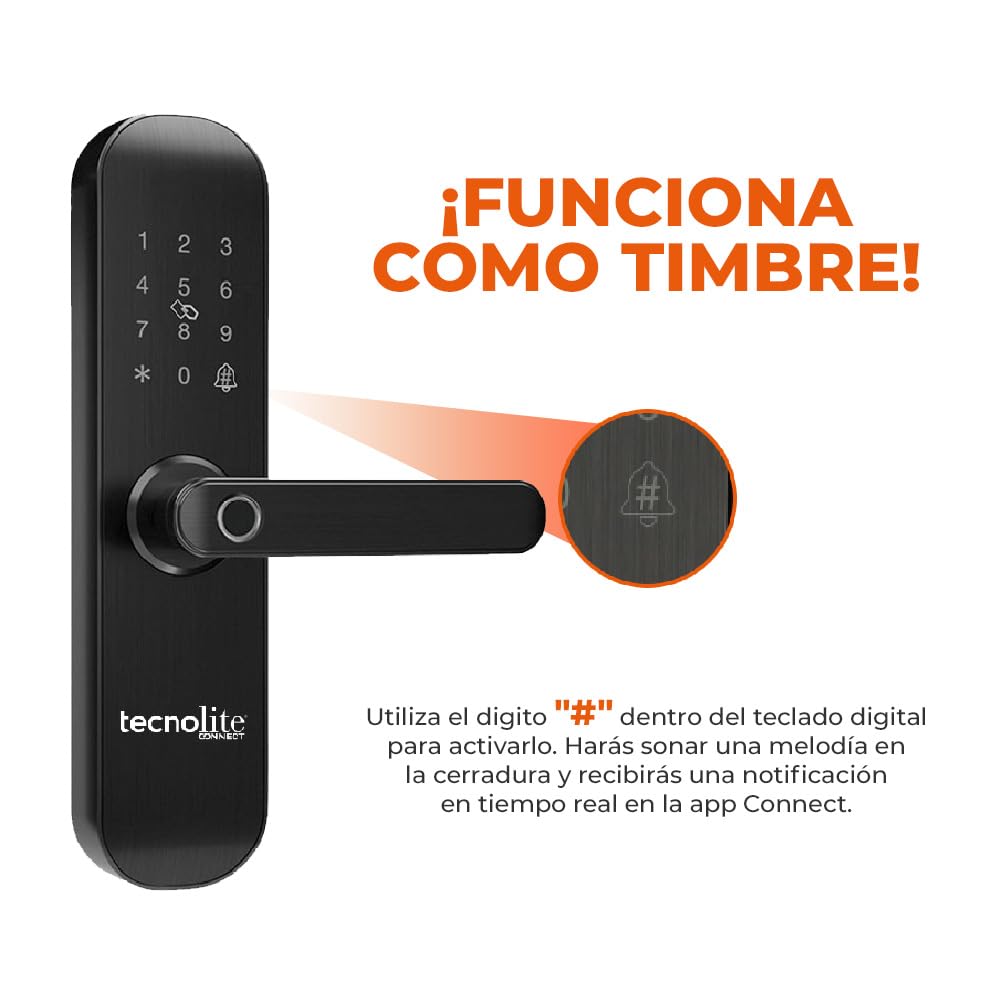 Tecnolite Connect - Cerradura Inteligente WiFi, 5 Métodos Apertura: Huella, Llave, Tarjeta RIFD y Contraseña, Acceso App Móvil, Protección IP43, Panel Touch Iluminado