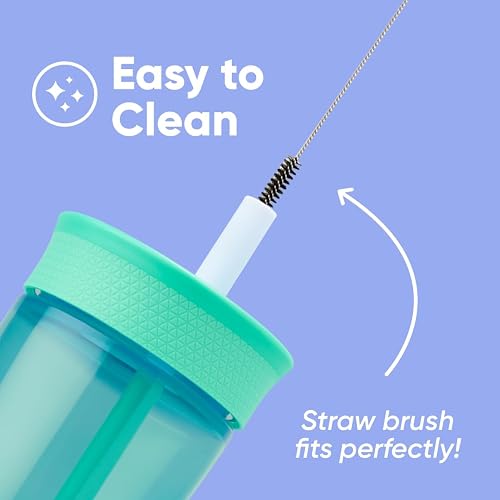 Owala - Vaso de plástico sin BPA para niños con popote flexible resistente a derrames, fácil de limpiar, botella de agua para niños, ideal para viajes, apto para lavaplatos, 15 onzas, verde azulado y