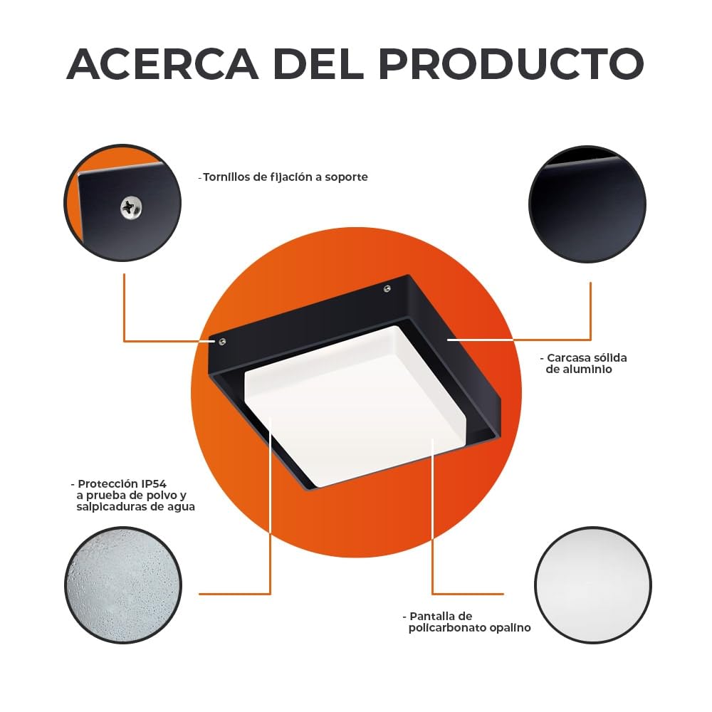 Tecnolite Lámpara Plafón LED 24 W - Luz de Día, IP54, IK05, Lámpara de Techo de Sobreponer Cuadrada, LED integrado, OKAB II