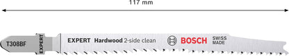 Hoja de Calar Bosch EXPERT Hardwood Clean T308BF | para Tableros recubiertos de plástico, Tablero multiplex, Longitud 117 mm, Professional Accesorios Sierra de calar