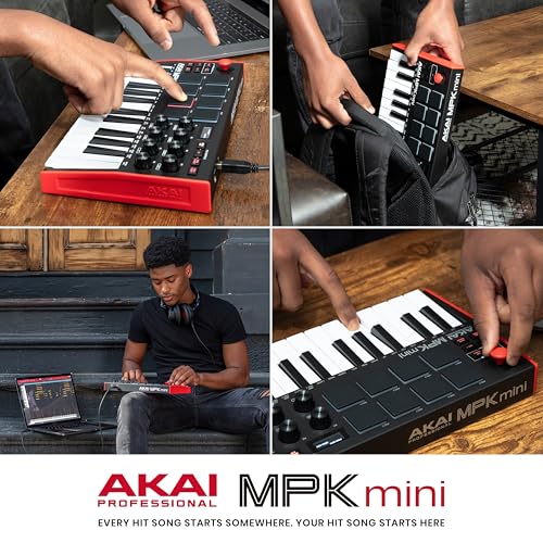 Akai Professional MPK Mini MK3 - Teclado Controlador MIDI USB de 25 Teclas con 8 Drum Pads, 8 Perillas, Software de Producción Musical y Native Instruments Sound Package (NKS Integration)