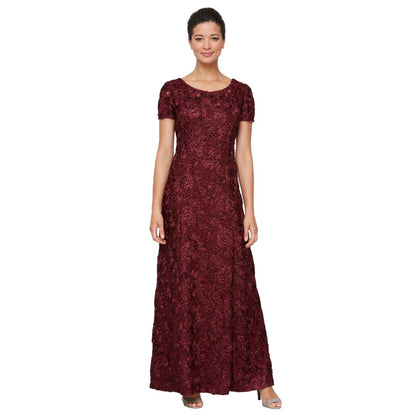 Alex Evenings Vestido Largo con Rosetas Metálicas Manga Corta - 8 - Merlot