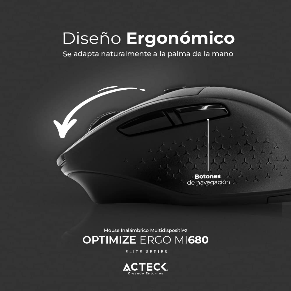 Acteck Optimize Ergo MI680 Mouse Multidispositivo, 2.4 GHz + 2 Modos Bluetooth, hasta 1600 dpi, 6 Botones, Ergonómico, Incluye 1 Batería AA (Negro)