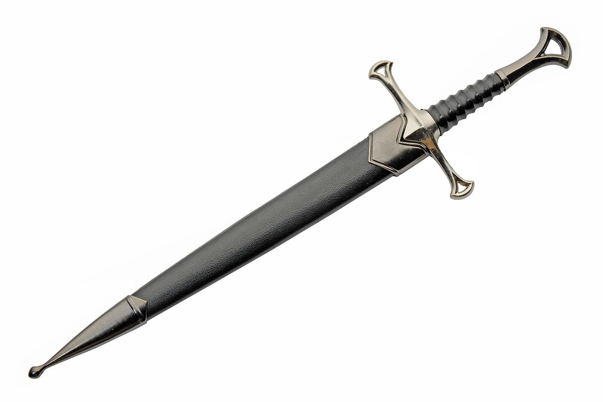 Cuchillo de réplica de daga con punta de aguja plateada de 12.5 pulgadas con funda