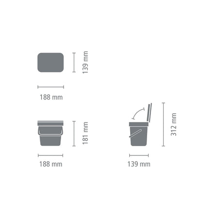 Brabantia Sort & Go - cubeta de basura para alimentos (0.8 gal/gris claro) pequeño para encimera de cocina con mango y tapa extraíble, fácil de limpiar