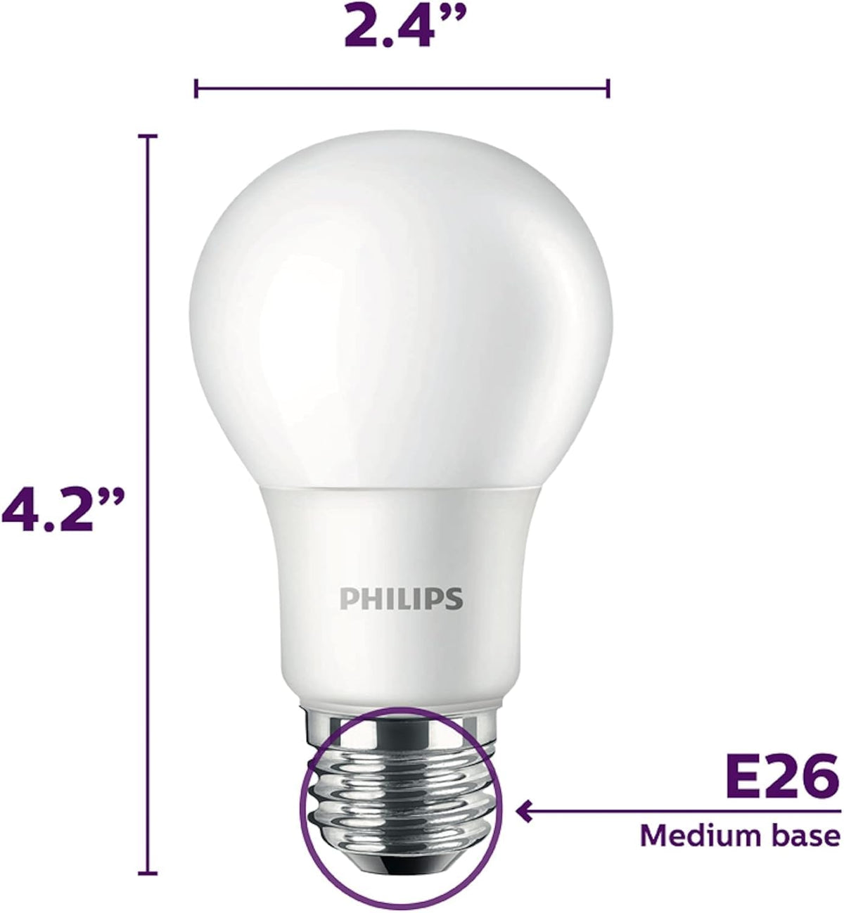 PHILIPS - foco LED básica esmerilada no regulable A19, tecnología EyeComfort, 1500 lúmenes, blanco suave (2700 K), 14 W = 100 W, base E26, certificado por título 20, interior, paquete de 4