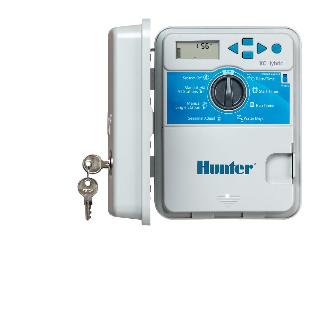 Hunter XC - driver híbrido de riego alimentado por pilas, temporizador de 6 zonas, uso en interiores y exteriores, impermeable, sistema de riego programable para césped y jardín