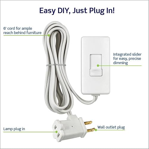 Leviton TBL03-10W, Dimmer Atenuador para Lámpara, Para uso con focos Incandescente, LED y CFL, Cordon de 1.8 m, color Blanco